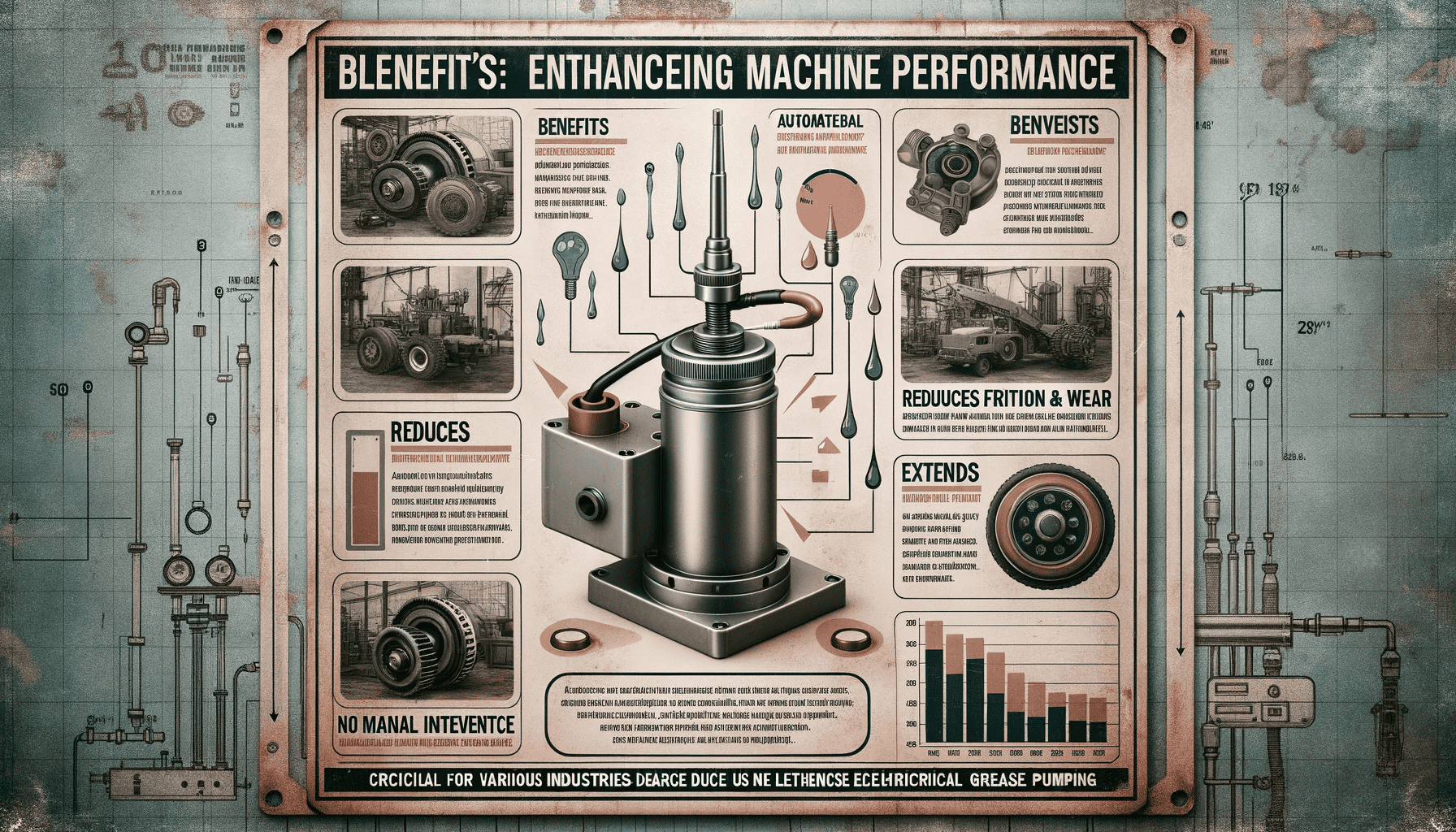 'Electrical Grease Pump_ Enhancing Machine Performance'. The background showcases faded machinery parts